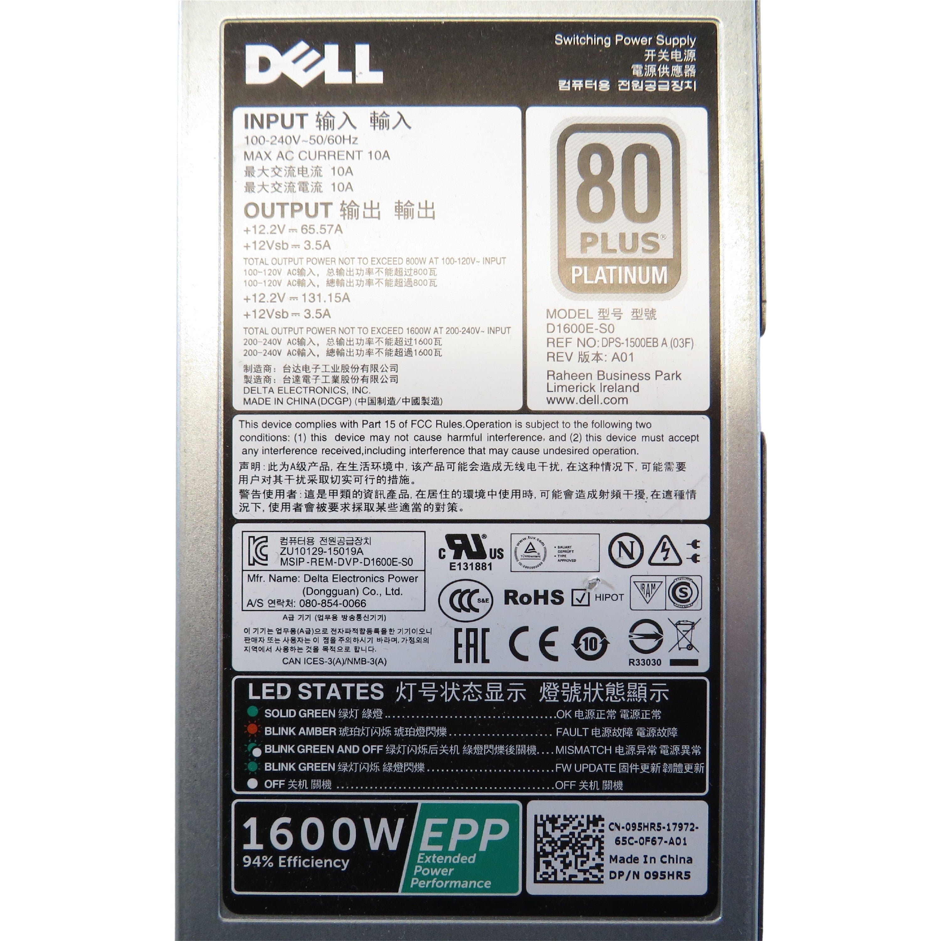 Dell 95HR5 1600W PowerEdge FX2 T630 Server Power Supply (Refurbished)