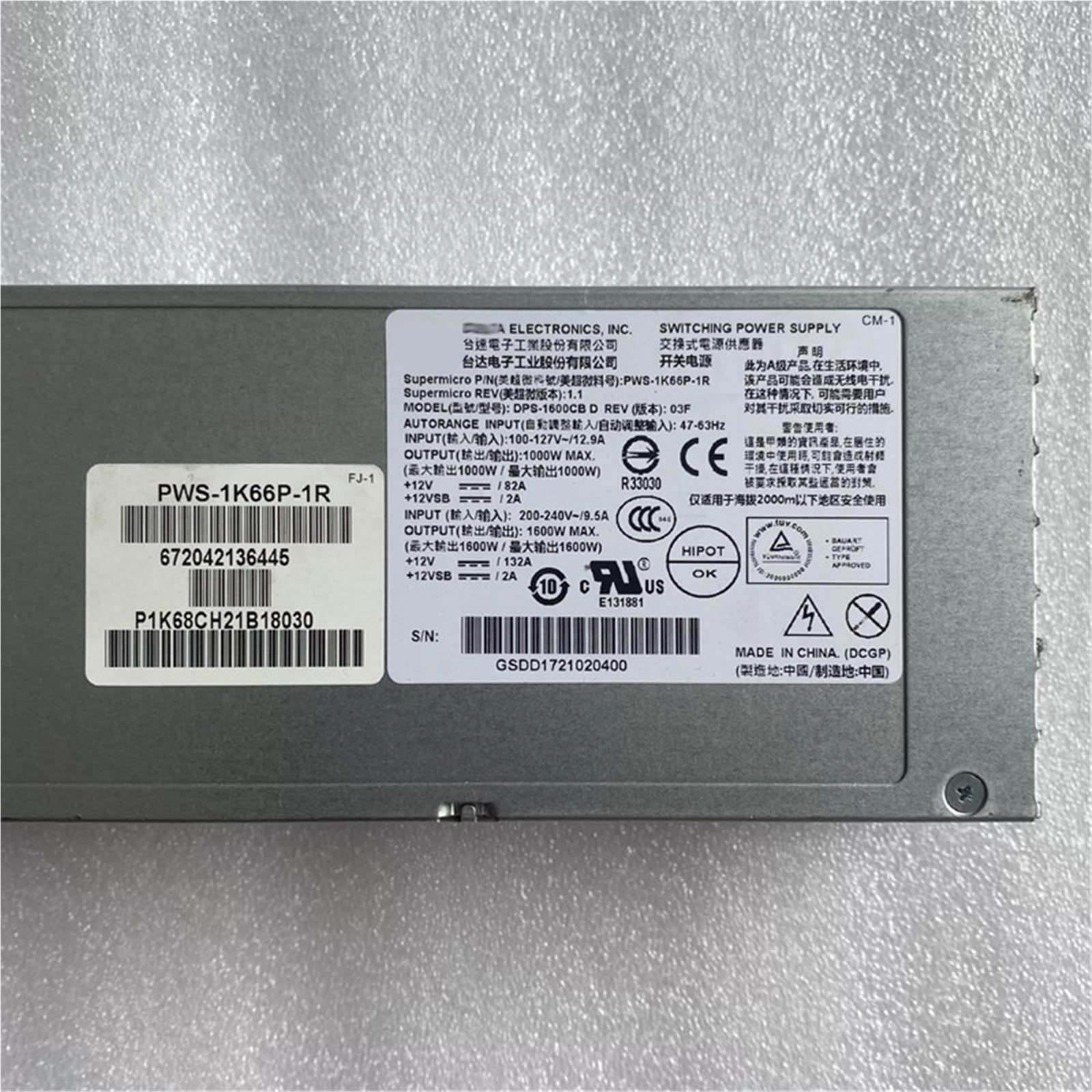 PWS-1K66P-1R 1U 1600W Redundant Platinum Power Supply Unit PSU
