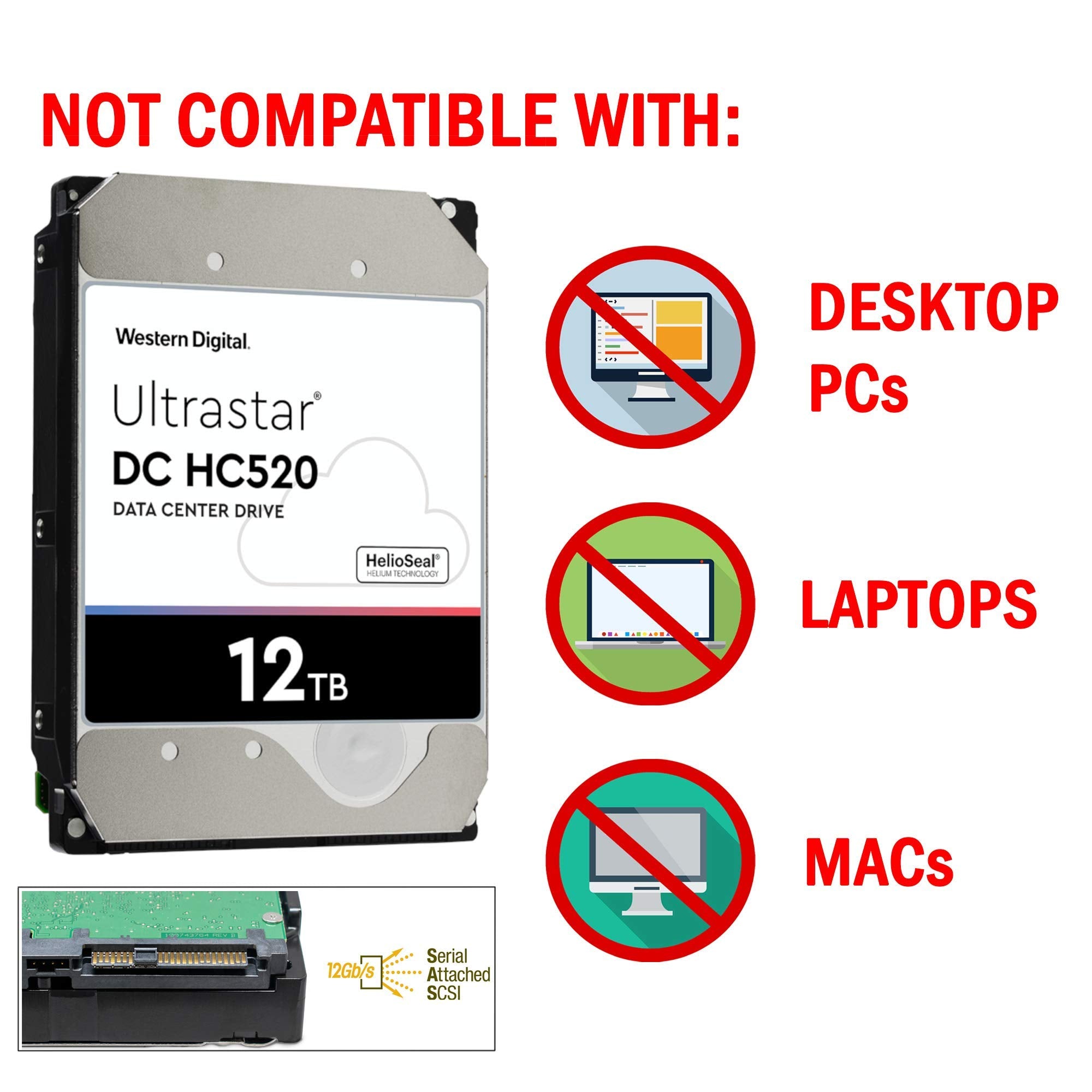 HGST WD Ultrastar DC HC520 HUH721212AL4200 12TB HDD 7200 RPM SAS 12Gb/s Interface 4Kn ISE 3.5-Inch Helium Data Center Enterprise Internal Hard Disk Drive HDD (Renewed)