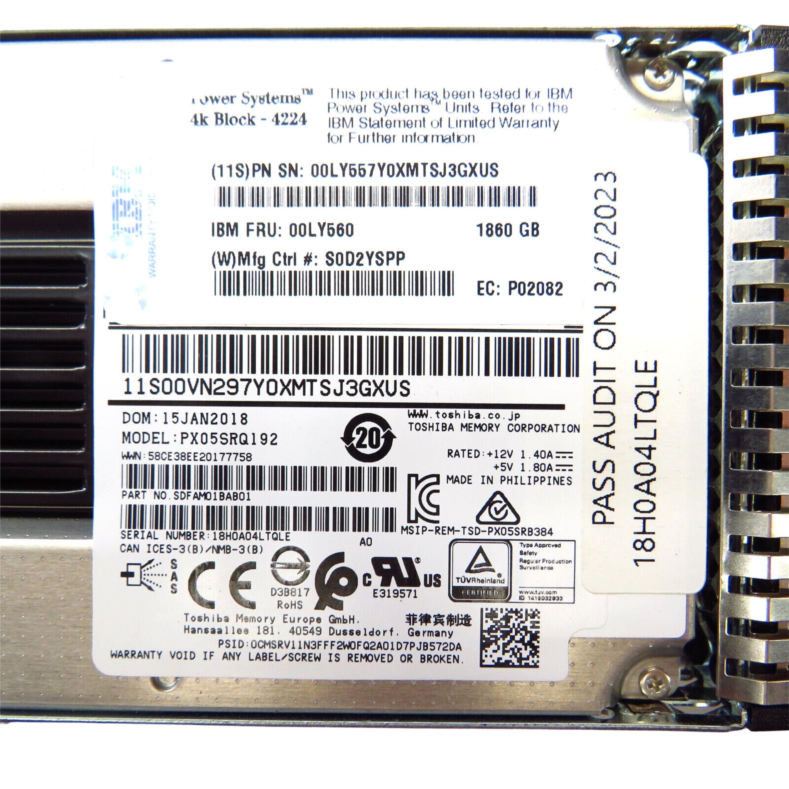 IBM 5B20 00LY560 1.86TB 2.5" SAS 12Gbps 4k Block 4224 Solid State Drive (Refurbished)