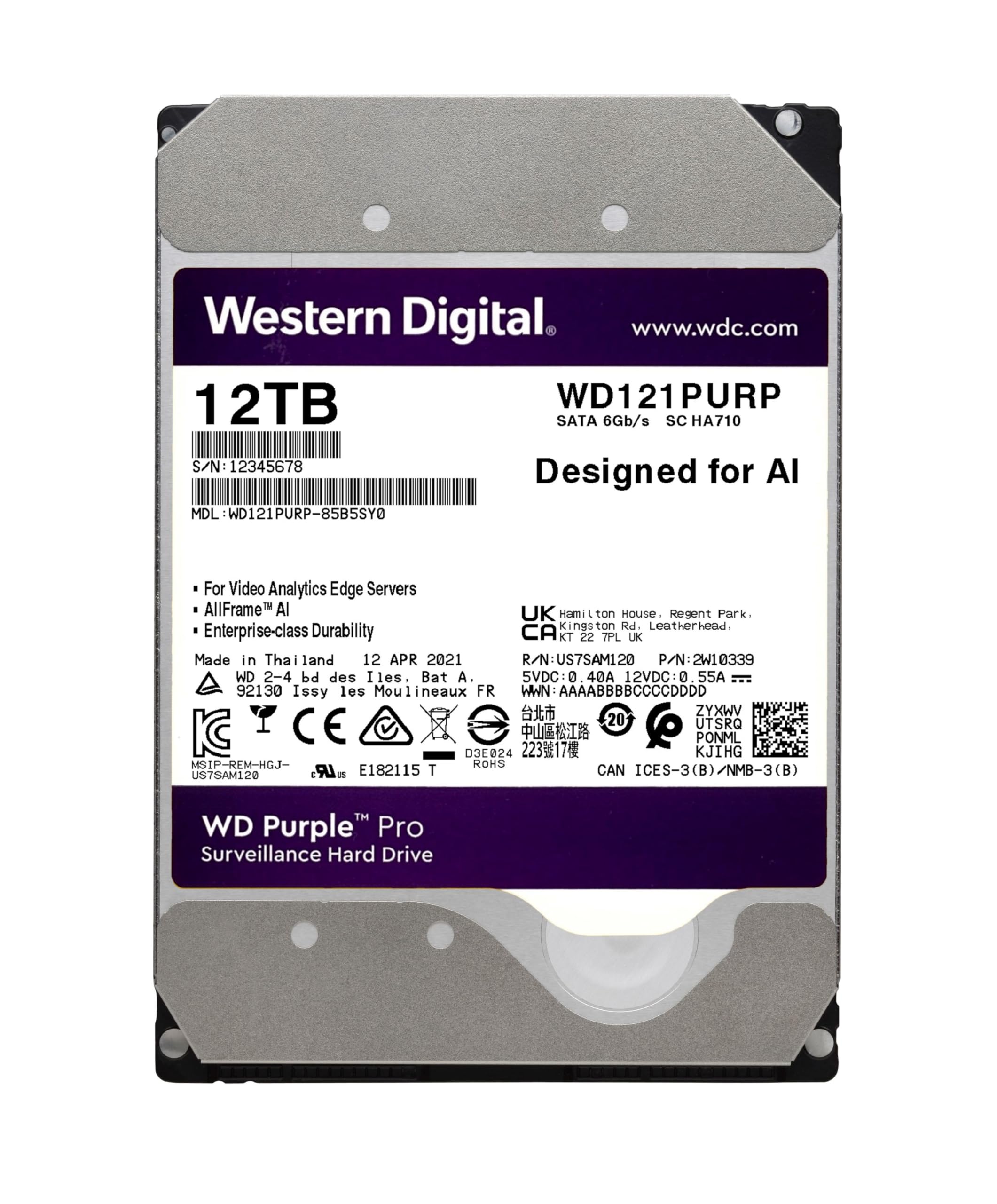 Western Digital 12TB WD Purple Pro Surveillance Internal Hard Drive HDD - SATA 6 Gb/s, 256 MB Cache, 3.5" - WD121PURP