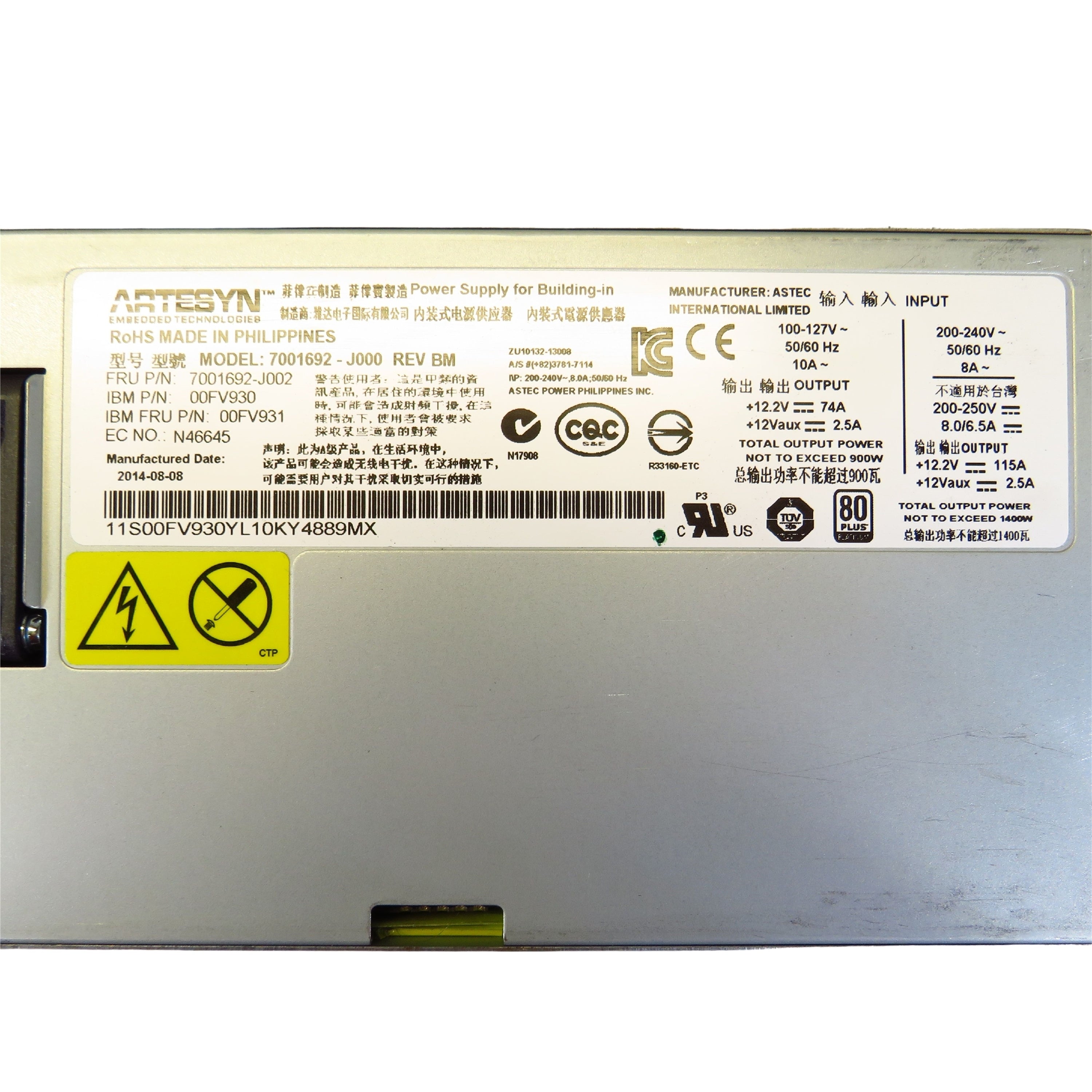 IBM 00FV931 00FV930 1400W S824 S822 80 Plus Platinum Server Power Supply (Refurbished)