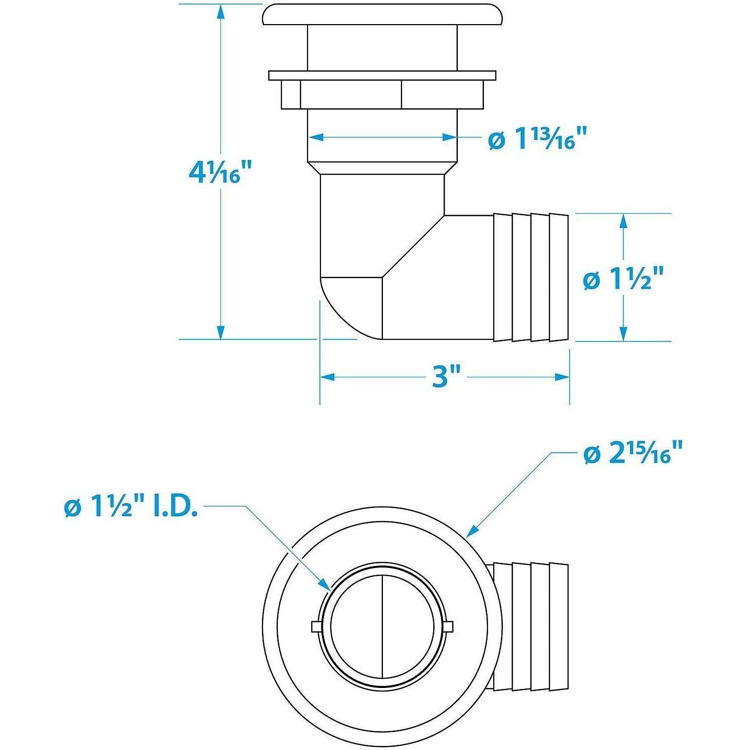 Seachoice 50-18121 90-Degree Thru-Hull Connector, Fits 1-1/2 in. ID Hose, 1-3/8 in. Max Hull