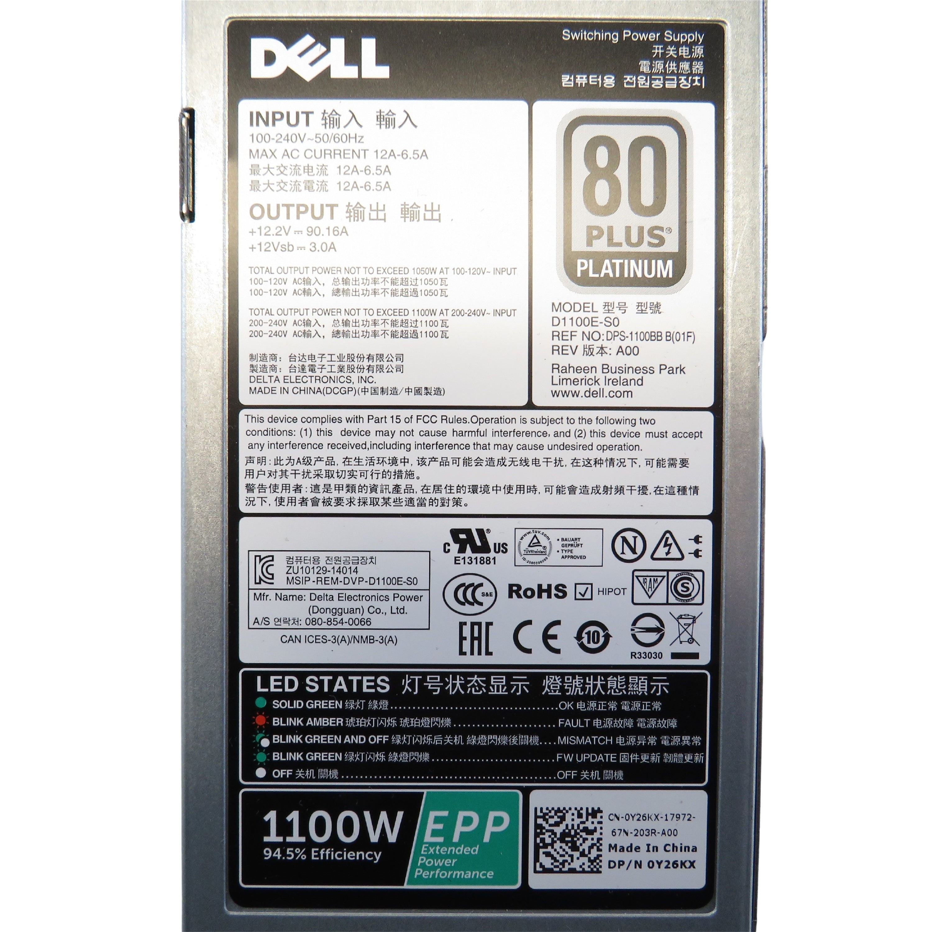 Dell Y26KX 1100W PowerEdge R630 R730 T430 T630 Server Power Supply (Refurbished)