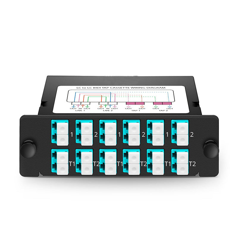FHD BIDI Fiber TAP Cassette, OM4 Multimode, 6 x LC Duplex Live Ports, 6 x LC Duplex TAP Ports