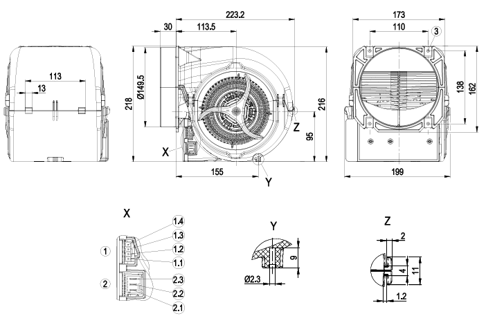 D3G146-HQ13-34 ebm-papst Blower, Centrifugal, 230VAC, 220x216mm, Scroll, 636CFM, 230W, 2400RPM, Terminals