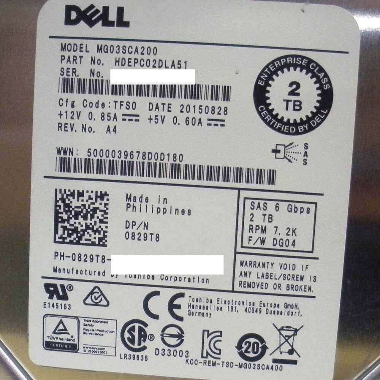 Dell 829T8 Server Hard Disk Drive 2TB 7.2K SAS 3.5in