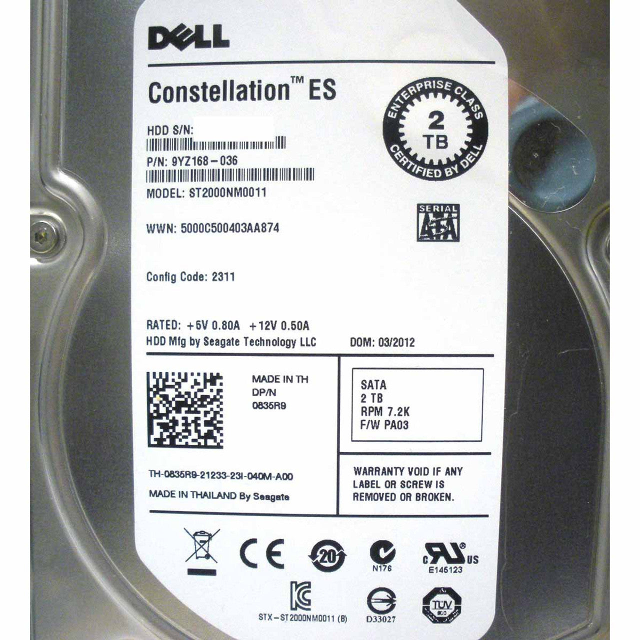 Dell 835R9 Hard Drive 2TB 7.2K SATA 3.5in