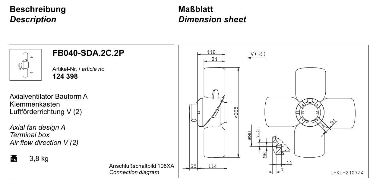 FB040-SDA.2C.2P ZIEHL-ABEGG Axial Fan 3~400V 0.09/0.06 kW 0.23/0.11A 900/730 rpm