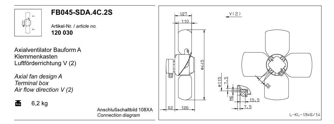 FB045-SDA.4C.2S  ZIEHL-ABEGG Axial Fan 0.23/0.14kW 3~400V 0.56/0.30A 885/600rpm