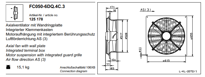 FC045-6DQ.4C.3 ZIEHL-ABEGG Axial Fan 300~400V 0.125 kW 0.35A 940 rpm