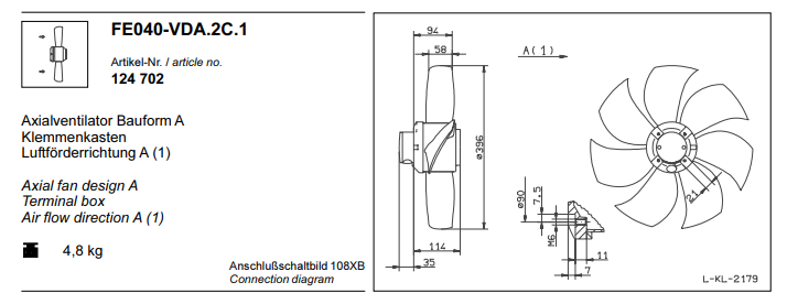 FE040-VDA.2C.1 0.27/0.18kW 300/400V 0.48/0.29A 1300/970rpm ZIEHL-ABEGG Axial Fan
