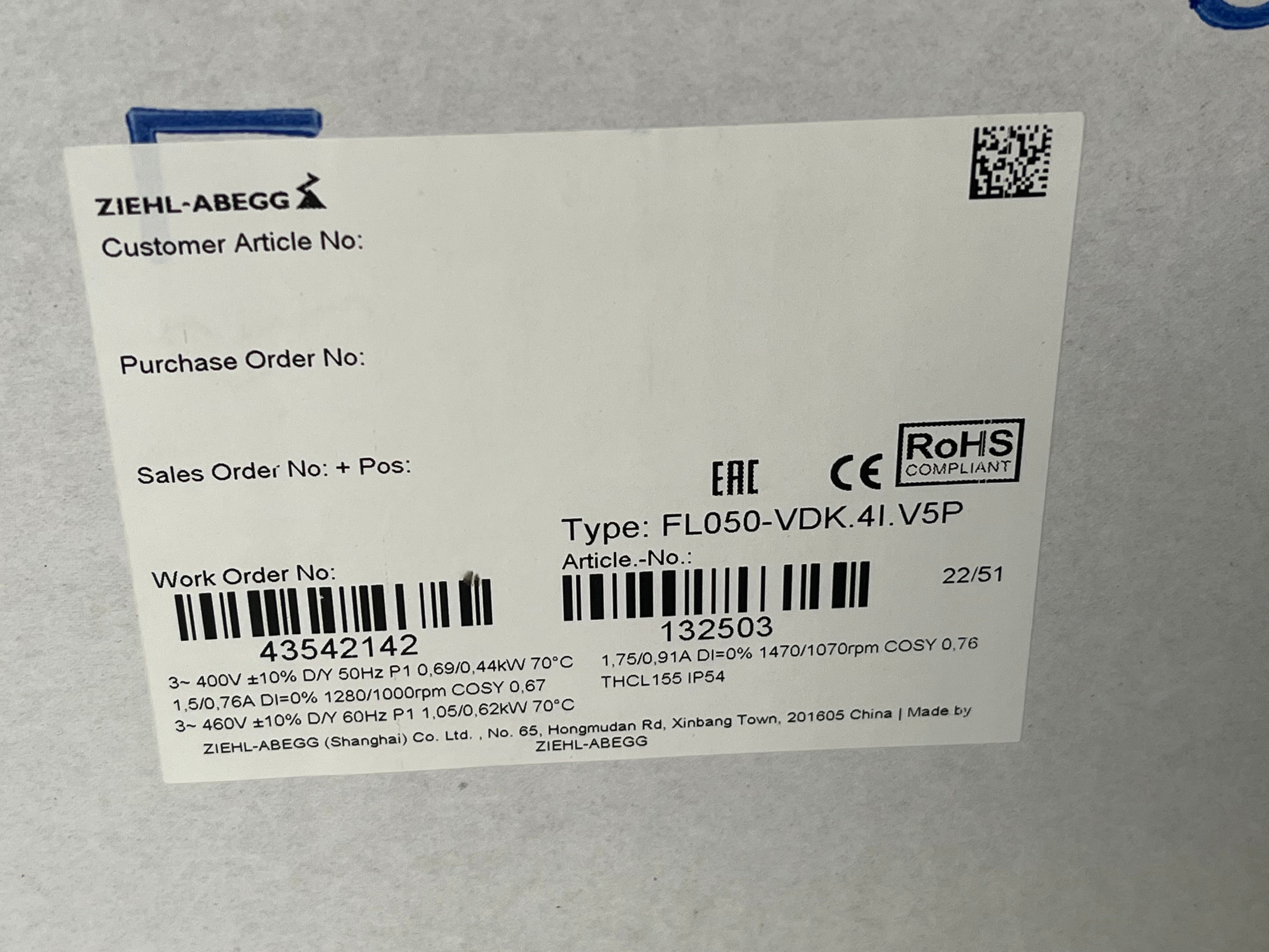 FL050-VDK.4I.V5P 400V 0.69/0.44kW 1.5/0.76A 1280/1000rpm ZIEHL-ABEGG Axial Fan