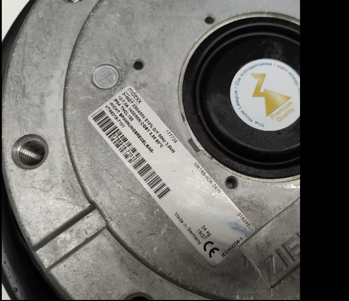 MK165-4DK.24.N ZIEHL-ABEGG centrifugal Fan Motor 3-230/400V 3.5-3.8KW 50/60hz for Atlas GA55 Air Compressor