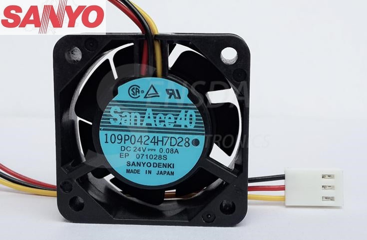Sanyo Denki 109P0424H7D28 24V DC 40x40x15mm 0.08A 3-Wire DC Axial Fan