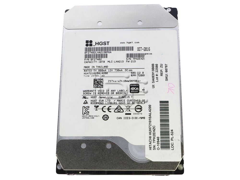 HGST-Hitachi Ultrastar He10 HUH721010AL4200-0F27402 10TB 3.5" 12Gbps 7.2K RPM 4Kn ISE SAS Hard Drive