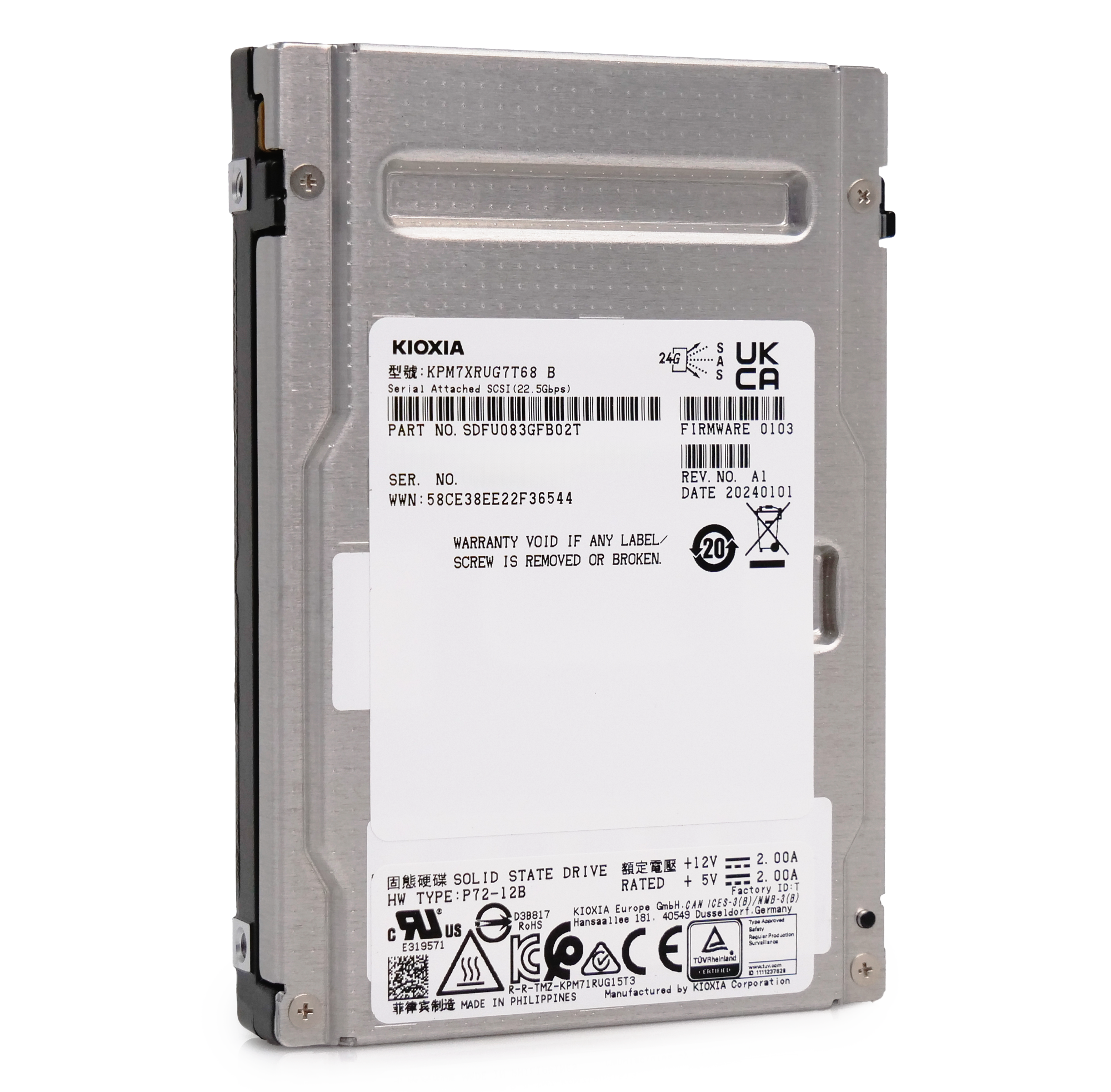 Kioxia PM7-R KPM7XRUG7T68 7.68TB 1 DWPD SAS-4 25Gb/s Read Intensive TLC 2.5in Refurbished SSD