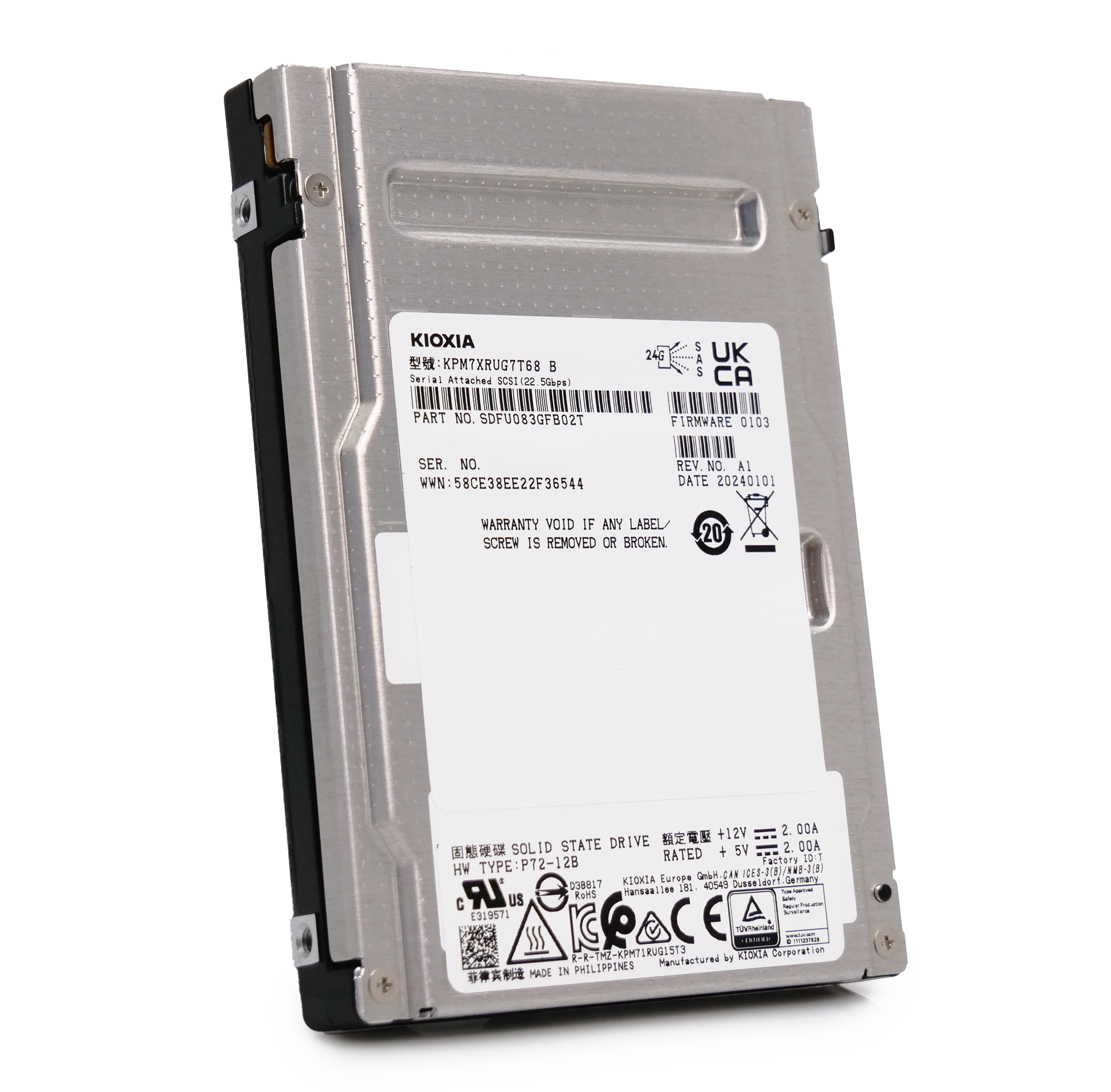 Kioxia PM7-R KPM7XRUG7T68 7.68TB 1 DWPD SAS-4 25Gb/s Read Intensive TLC 2.5in Recertified Solid State Drive