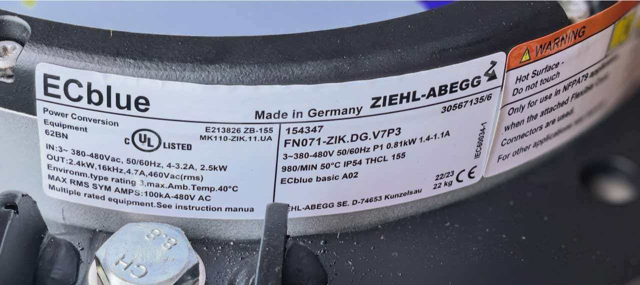 FN071-ZIK.DG.V7P3 ZIEHL-ABEGG Axial Fan 0.81kW | 3~380-480V | 960RPM 1.40/1.10A