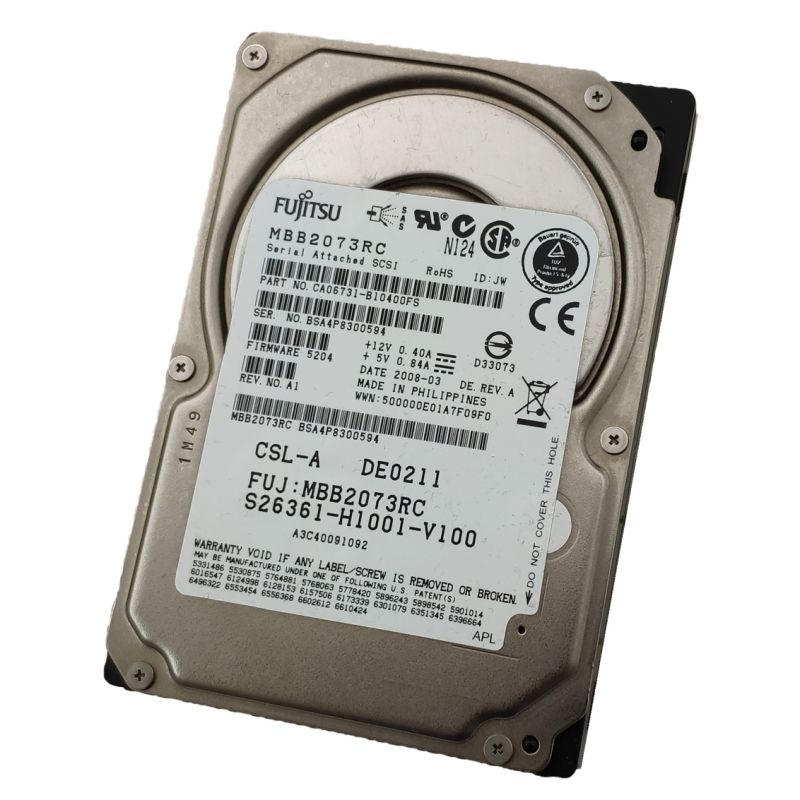 Fujitsu 73.5GB 10000 RPM 16MB Cache 2.5" Serial Attached SCSI (SAS) Internal Hard Drive - MBB2073RC (***Used but in Excellent Functional Condition. Some Cosmetic flaws***)