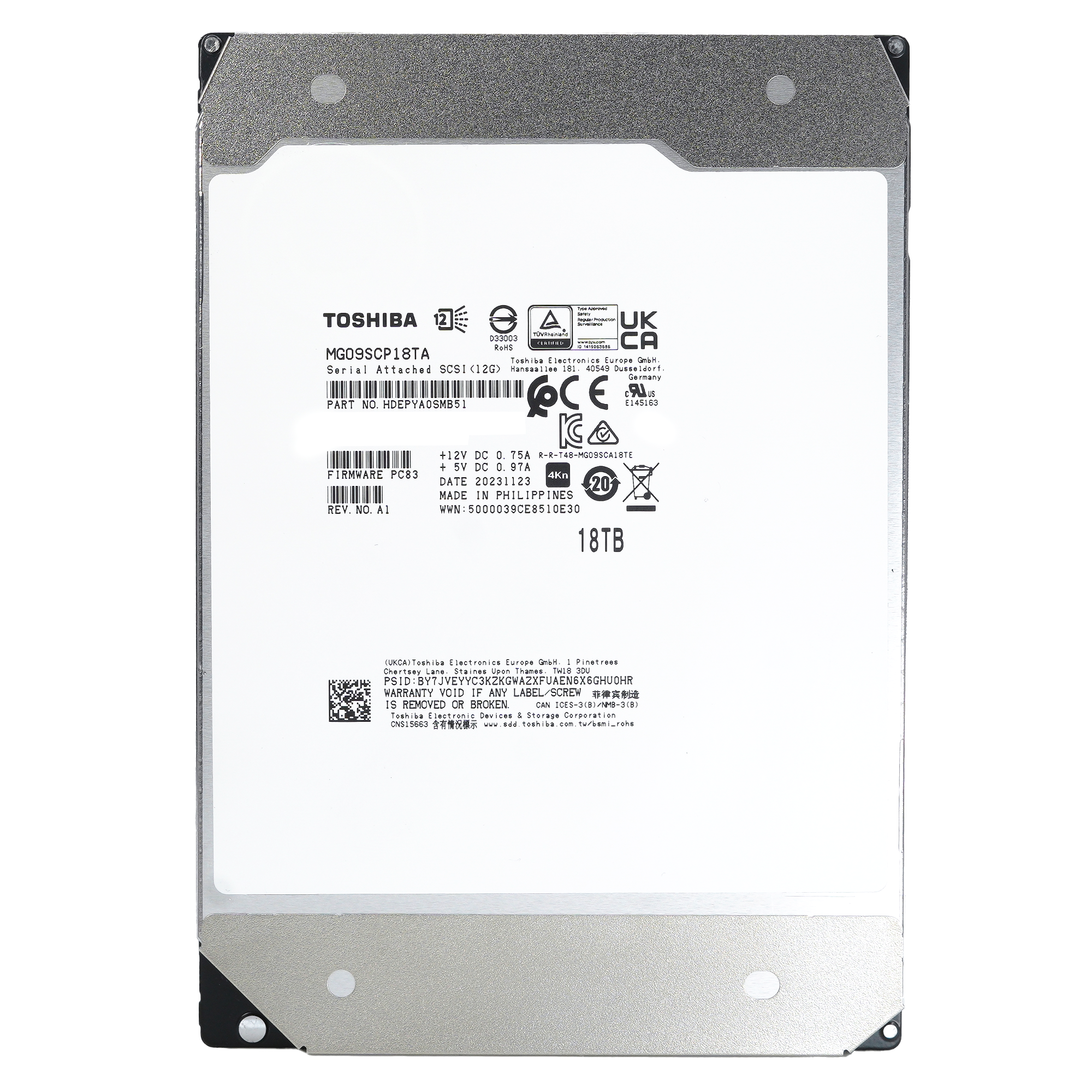 Toshiba MG09 MG09SCP18TA HDEPYA0SMB51 18TB 7.2K RPM SAS 12Gb/s 4Kn SED 3.5in Hard Drive