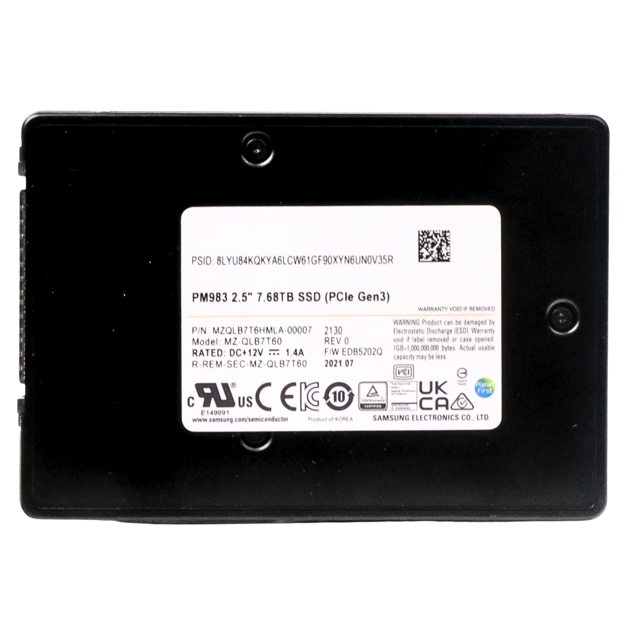 Samsung PM983 MZQLB7T6HMLA 7.68TB 1 DWPD PCIe Gen 3.0 x4 4GB/s U.2 NVMe 2.5in Recertified SSD