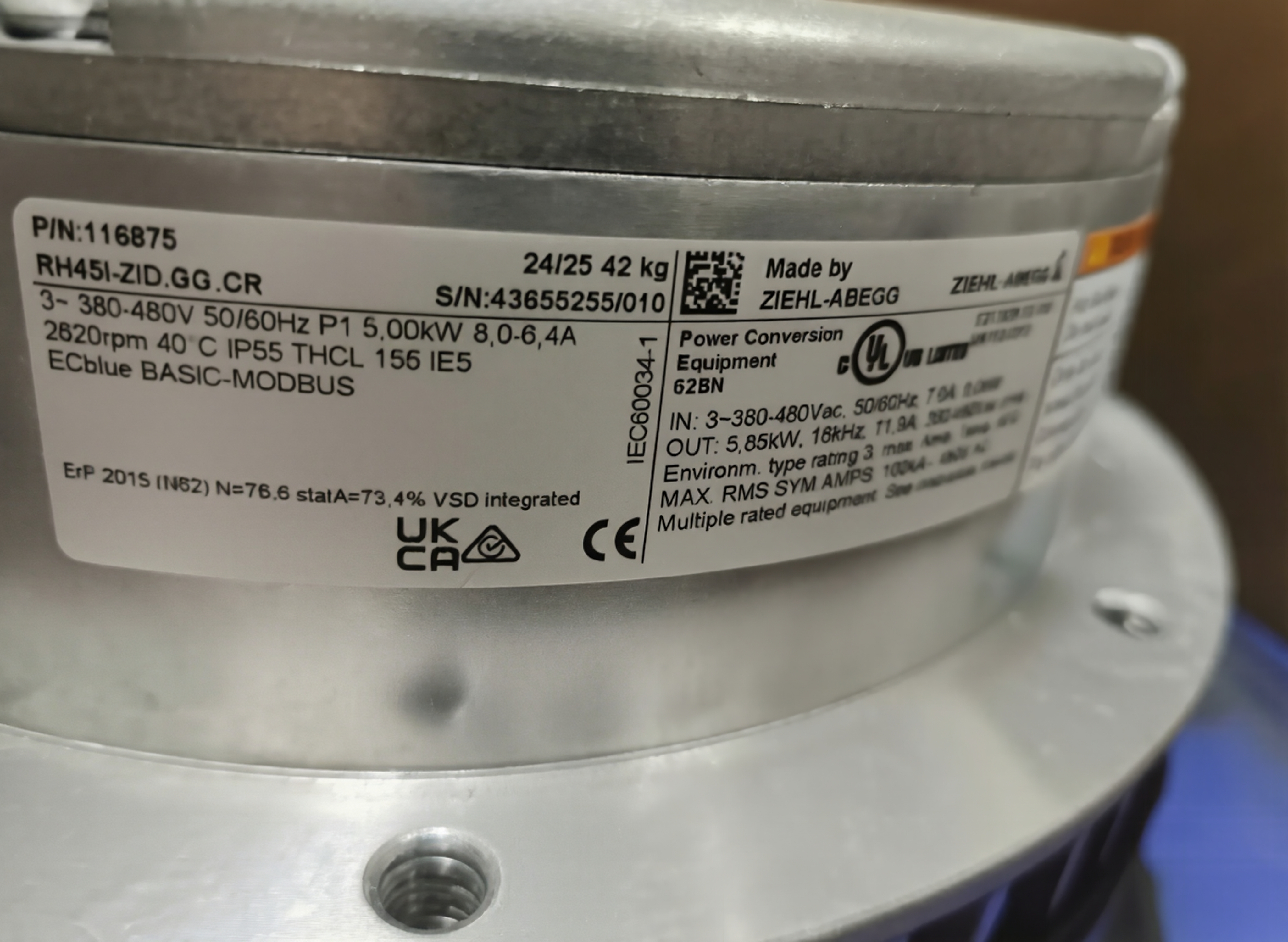 RH45I-ZID.GG.CR ZIEHL-ABEGG centrifugal fan 3-380/480V 3.6kW 5.8/4.6A 2260rpm 50/60HZ