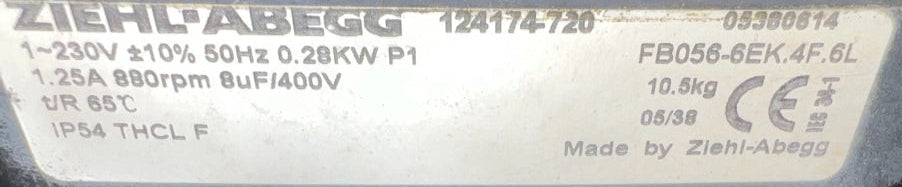 FB056-6EK.4F.6L  ZIEHL-ABEGG Axial Fan 230V 0.28kW 1.25A 880rpm