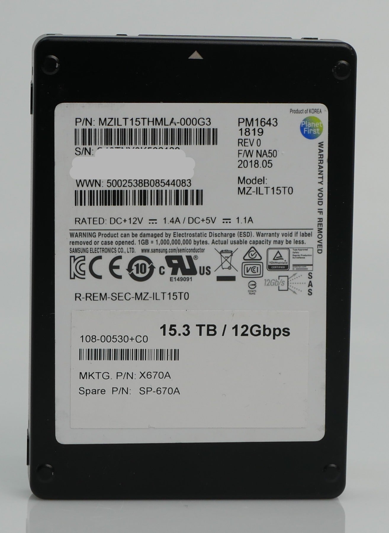 Samsung PM1643 MZILT15THMLA 15.36TB 1 DWPD SAS 12Gb/s 3D TLC 2.5in Solid State Drive