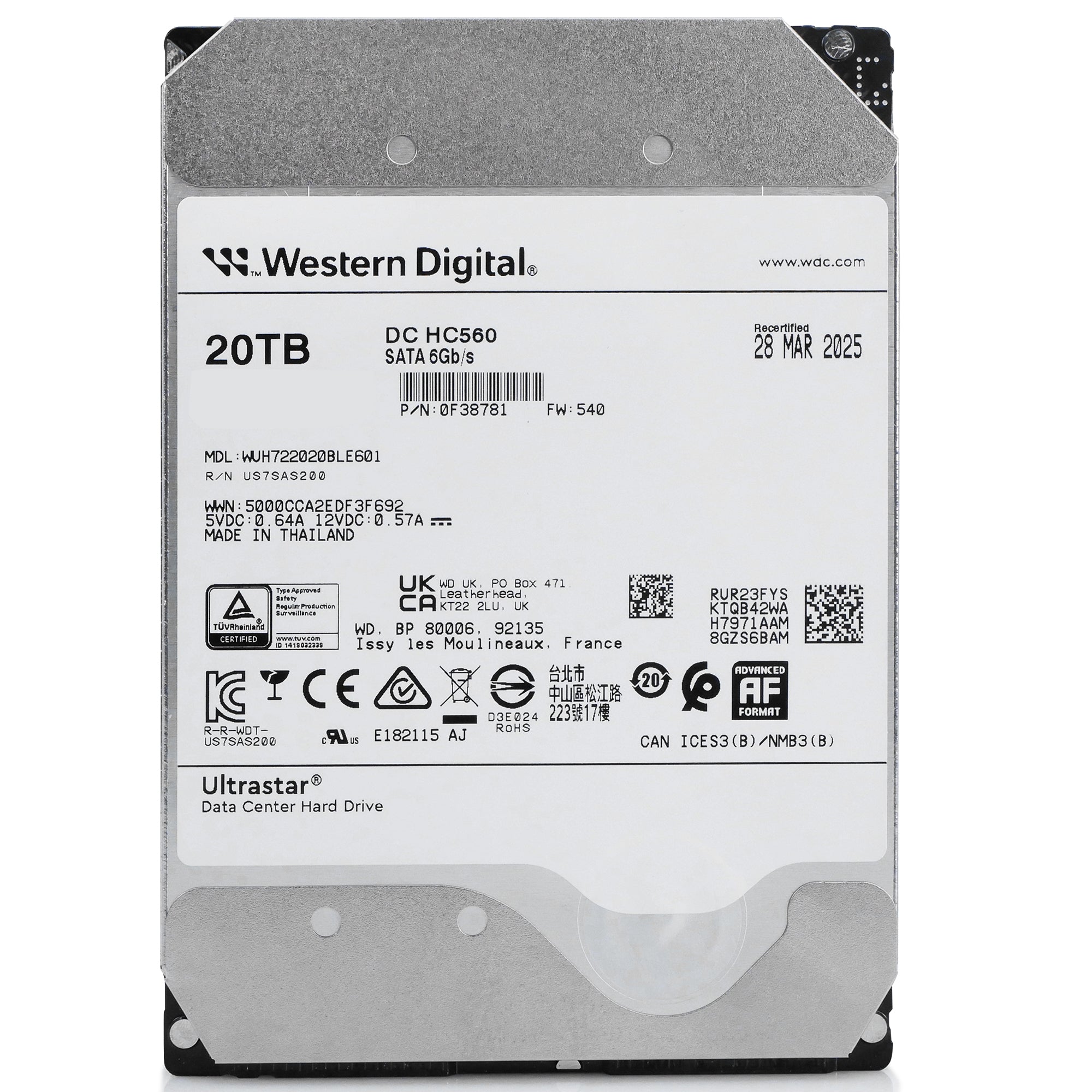 Western Digital Ultrastar DC HC560 WUH722020BLE601 0F38781 20TB 7.2K RPM SATA 6Gb/s 512e 3.5in Refurbished HDD
