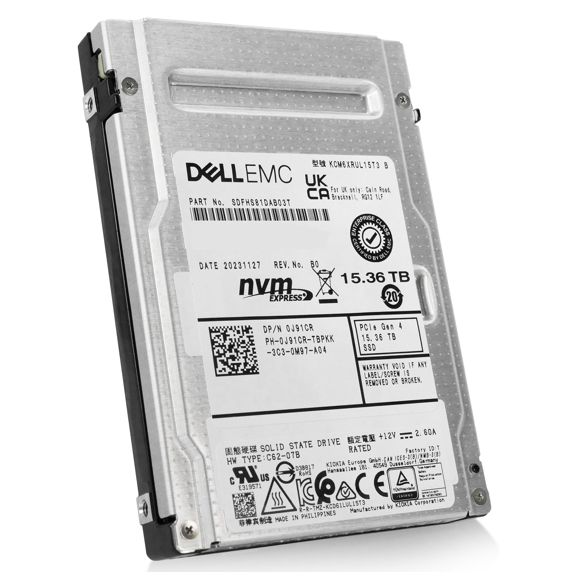Dell/Kioxia CM6-R KCM6XRUL15T3 15.36TB 1 DWPD PCIe Gen 4.0 x4 8GB/s 3D TLC U.3 NVMe 2.5in Solid State Drive
