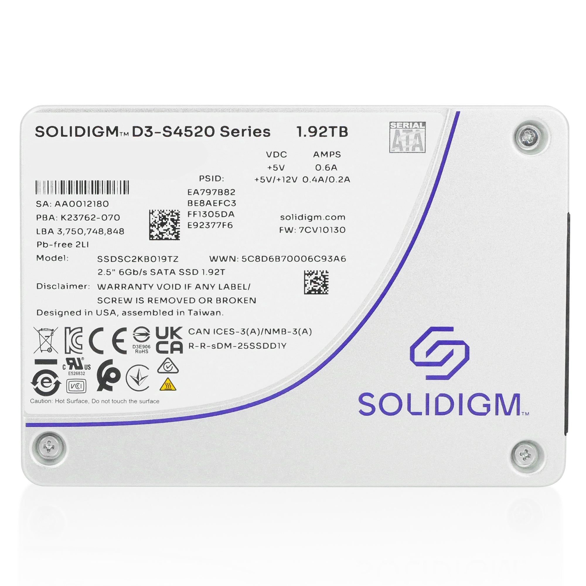 Solidigm/Intel D3-S4520 SSDSC2KB019TZ1Z 1.92TB 1 DWPD SATA 6Gb/s 3D TLC 2.5in Solid State Drive