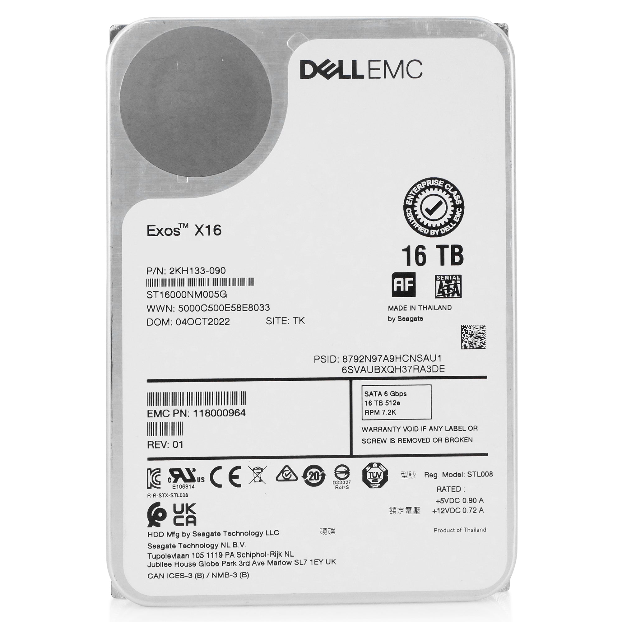 Dell/Seagate Exos X16 ST16000NM005G 039XRY 16TB 7.2K RPM SATA 6Gb/s 512e CMR 3.5in Recertified Hard Drive