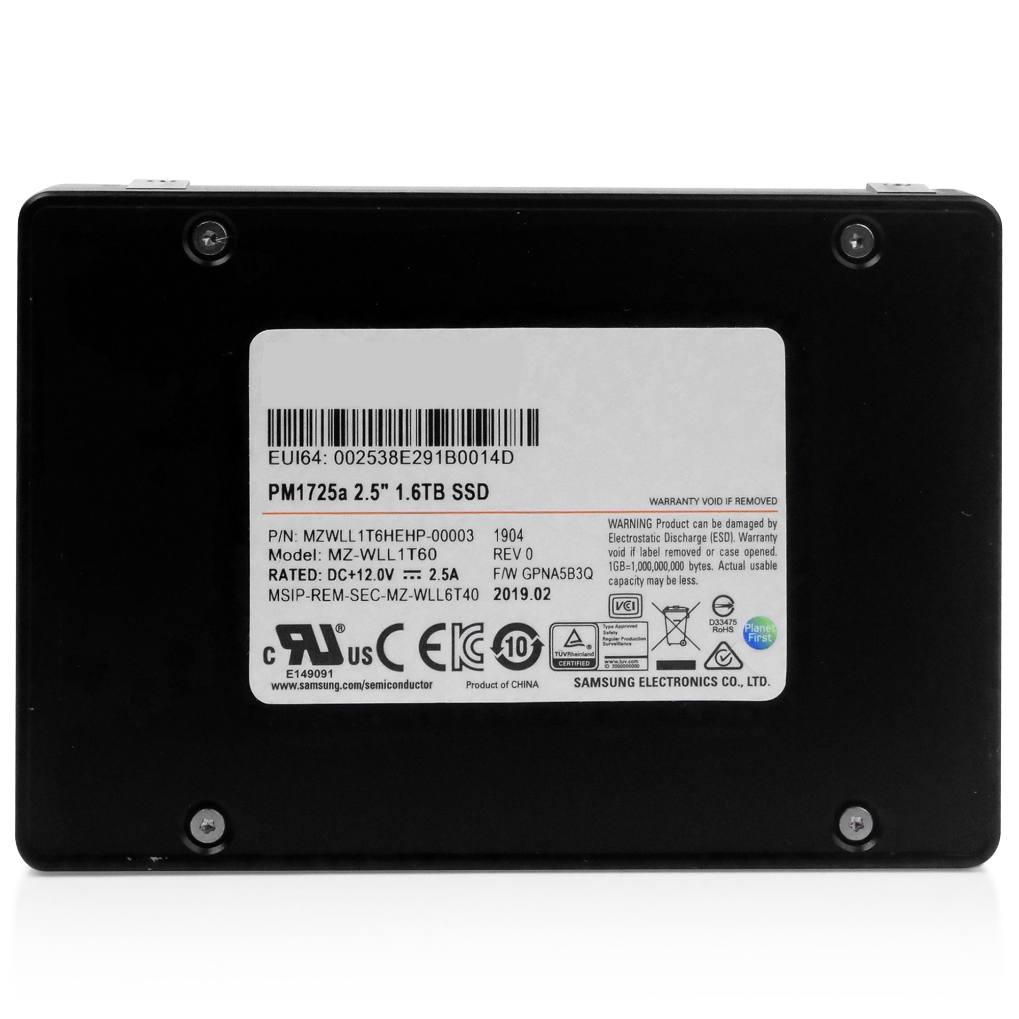 Samsung PM1725a MZWLL1T6HEHP 1.6TB 5 DWPD PCIe Gen 3.0 x4 4GB/s 3D TLC U.2 NVMe 2.5in Refurbished SSD