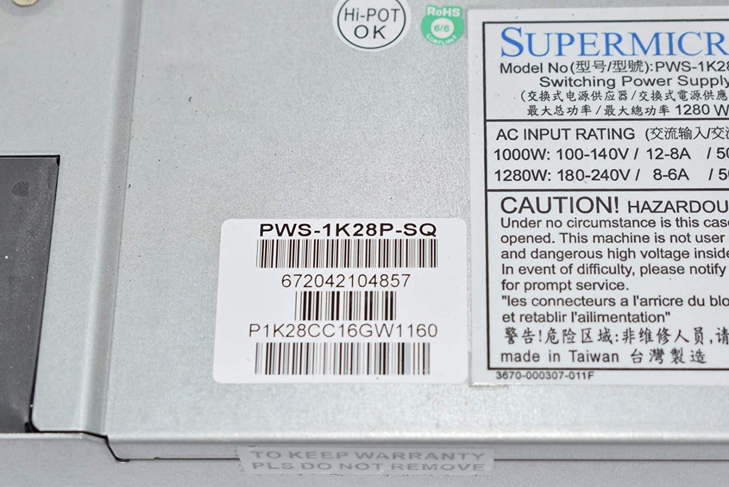 Supermicro 1000W / 1280W PWS-1K28P-SQ High-Efficiency 80 PLUS Platinum 1U w/ Digital Switching Control, PFC & PMBus 1.2 Server Power Supply - PWS-1K28P-SQ