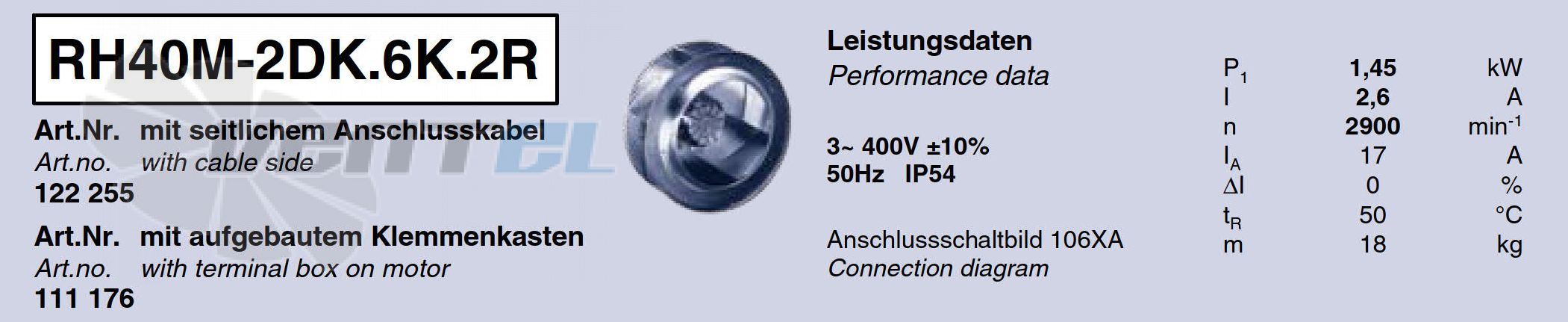 Brand new RH40M-2DK.6K.2R ZIEHL-ABEGG centrifugal fan 3-400V 50HZ