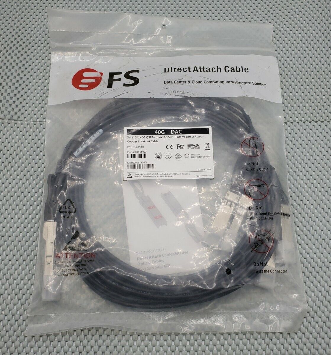 Q-4SPC03 FIBER STORE 40G QSFP+ TO 4X10G SFP+ DIRECT ATTACH CABLE 10FT