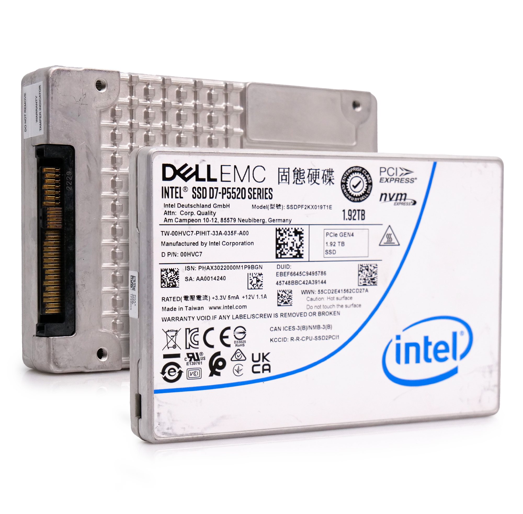 Intel/Dell P5520 SSDPF2KX019T1E 00HVC7 1.92TB 1 DWPD PCIe Gen 4.0 x4 8GB/s Mixed Use U.2 NVMe 2.5in Enterprise Solid State Drive