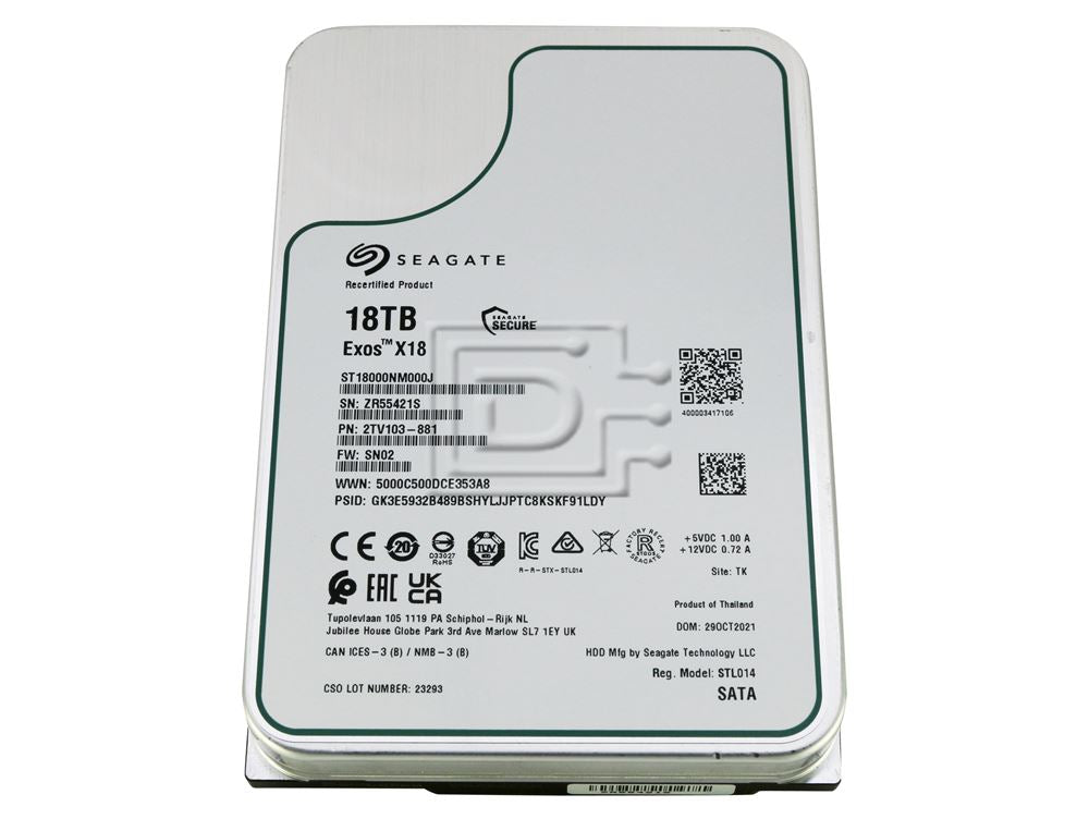 Seagate Exos X18 ST18000NM000J 18TB 3.5 LFF 6Gbps 7.2K RPM FastFormat 512e Enterprise SATA Hard Drive