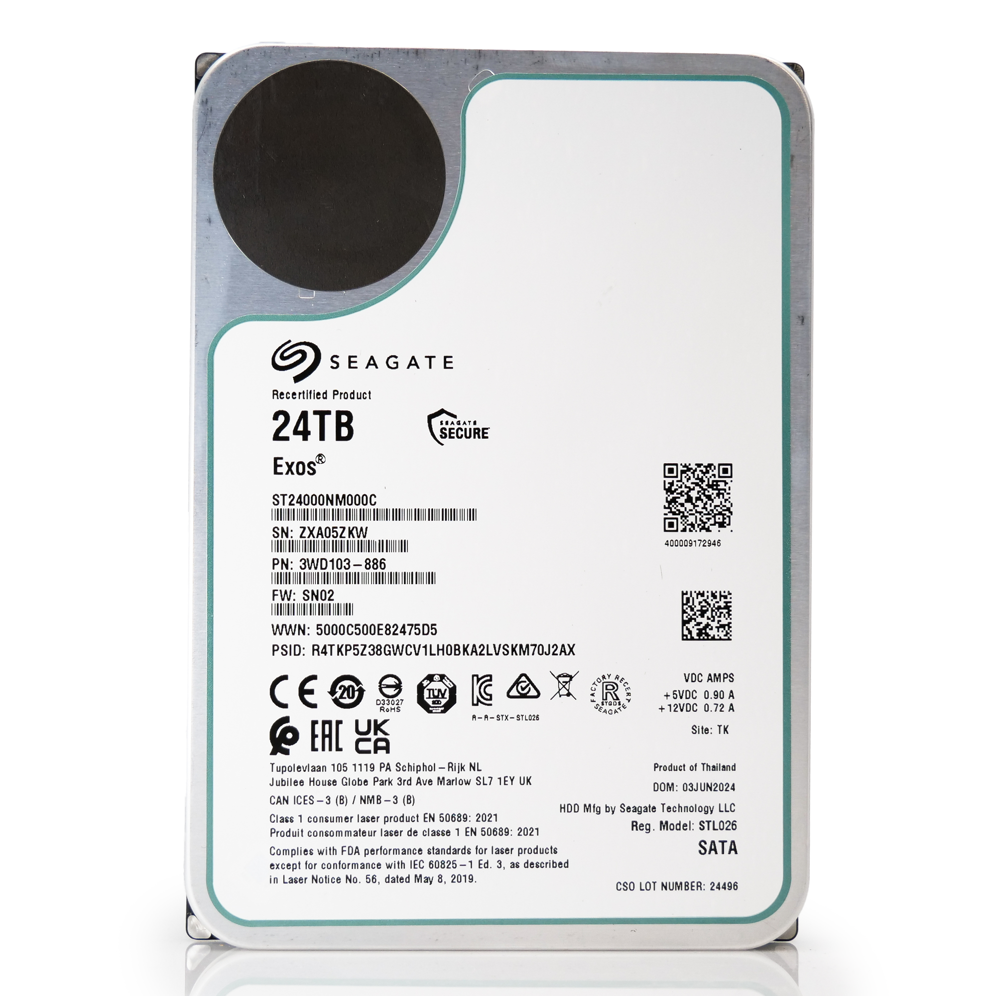 Seagate Exos ST24000NM000C 24TB 7.2K RPM SATA 6Gb/s 512e 3.5in Recertified Hard Drive