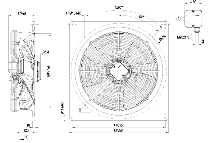 W4D500-GM01-03 EBMpapst axial Fan 3-230/440V | 690/1050W Dual Power | 1350/1590 RPM