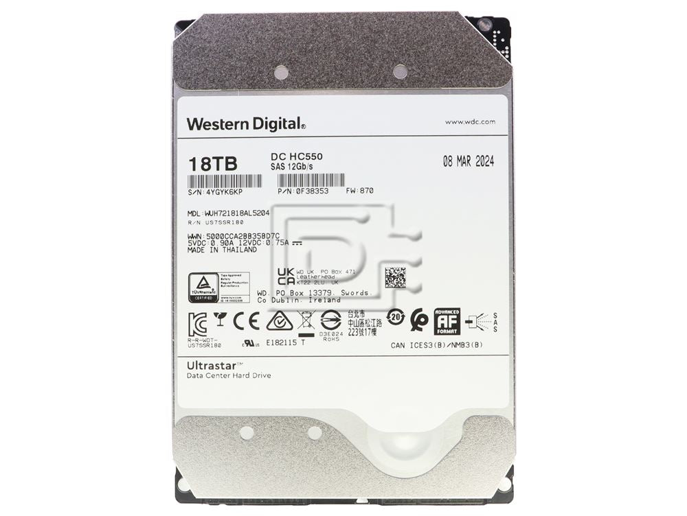 WD UltraStar DC HC550 18TB SAS 12Gbps SE(Secure Erase Hard Drive 7200RPM 512e 0F38353 WUH721818AL5204