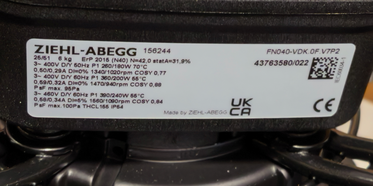 FN040-VDK.0F.V7P2 400V 0.38/0.18kW 0.29/0.68A 1020/1560rpm ZIEHL-ABEGG Axial Fan