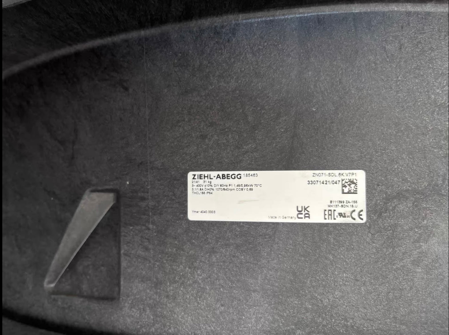 ZN071-SDL.6K.V7P1 1.45/0.95kW 3/380/480V 3.1/1.8A 1070/840rpm ZIEHL-ABEGG Axial Fan