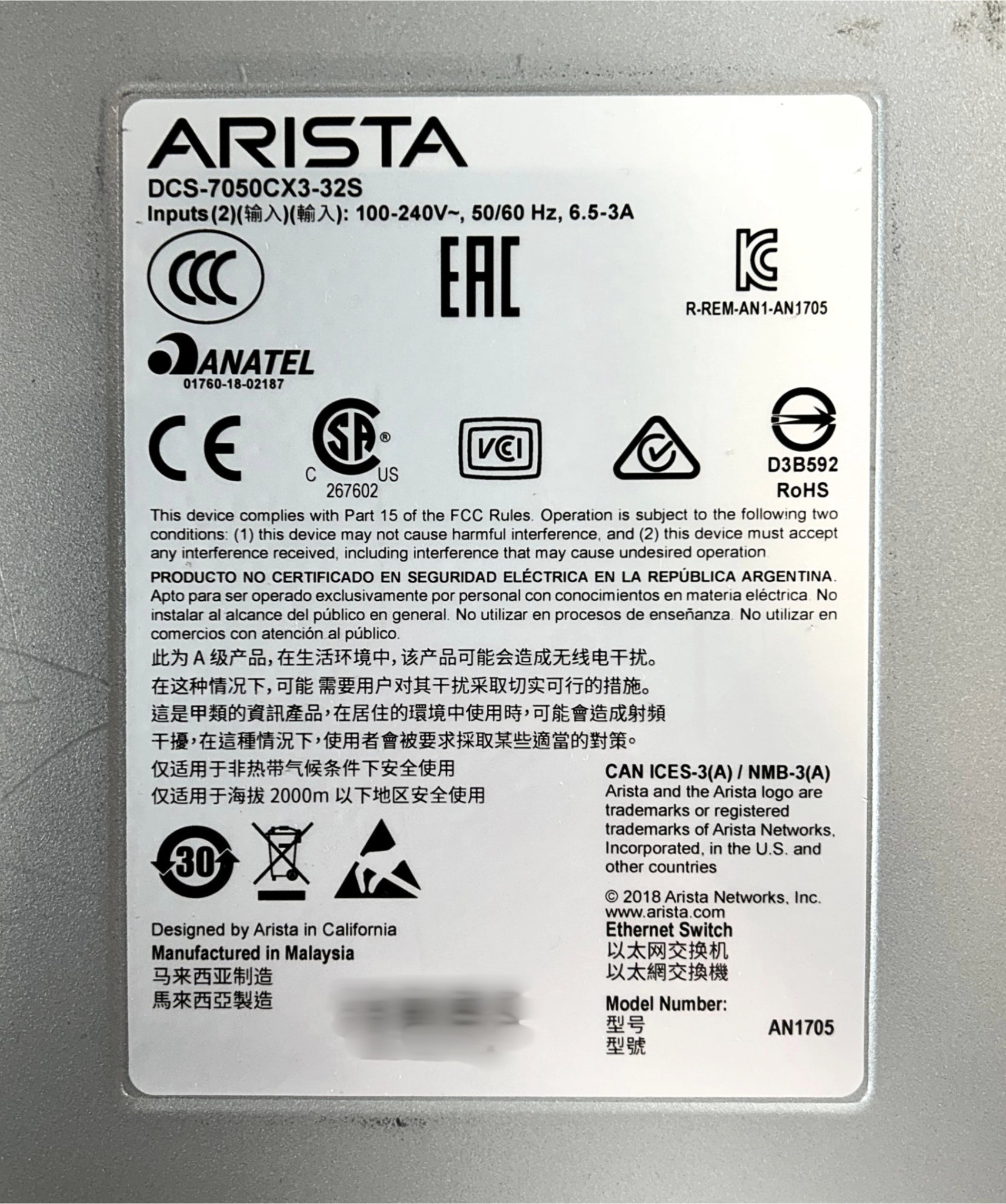 Arista DCS-7050CX3-32S-R 32 Ports 100Gb QSFP100 2 Port 1/10Gb SFP+ Upl