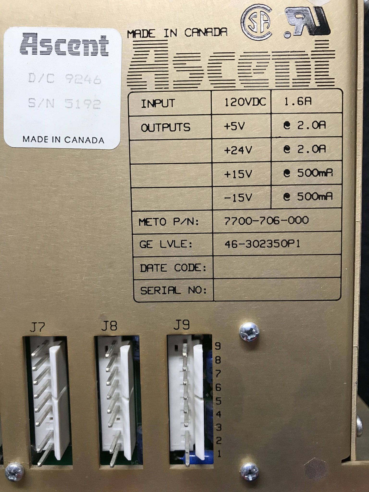 Ascent LVLE Power Supply (46-302350P1 GE AMX 4