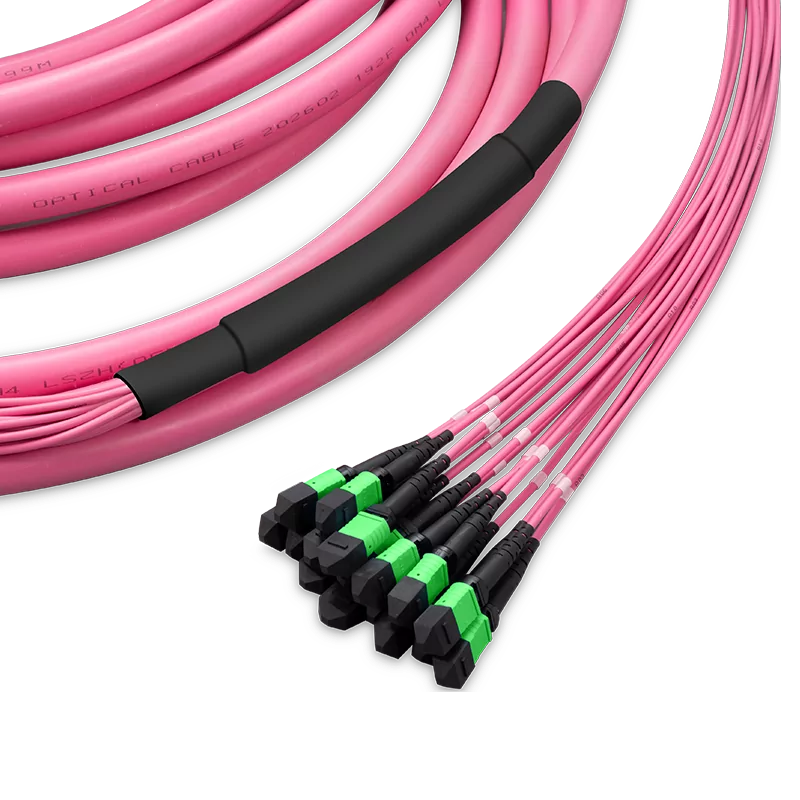 Pre-terminated MPO 2x2 Shuffle Trunk Cable, 128 Fibers, 16 x MPO-8 APC (Male) to 16 x MPO-8 APC (Male), Multimode (OM4), Type 2, LSZH/OFNP, 0.35dB Max, Breakout 80cm, Magenta
