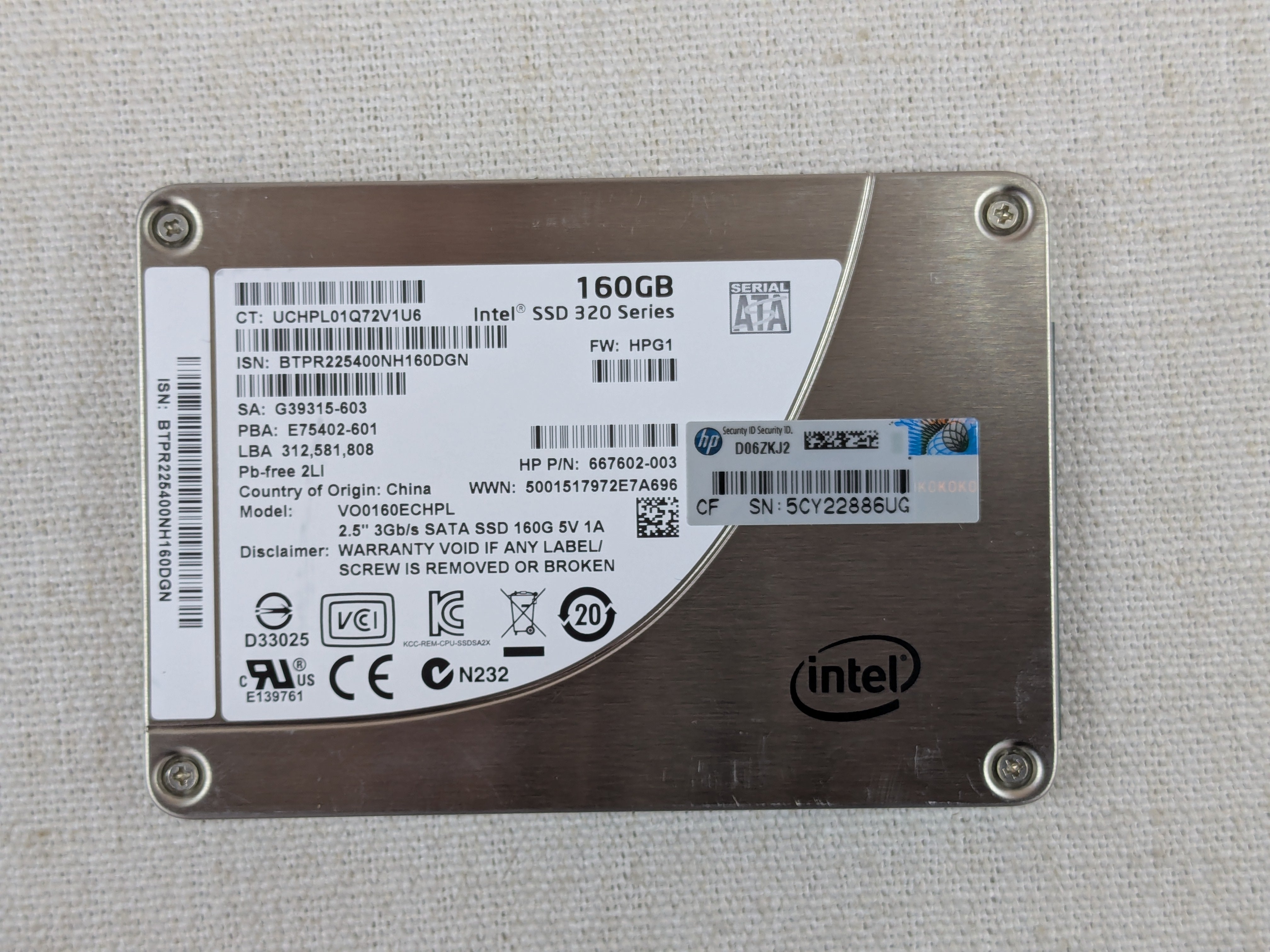 HP 667602-003 160GB 6Gb/s 2.5" SATA SSD Intel 320 Series