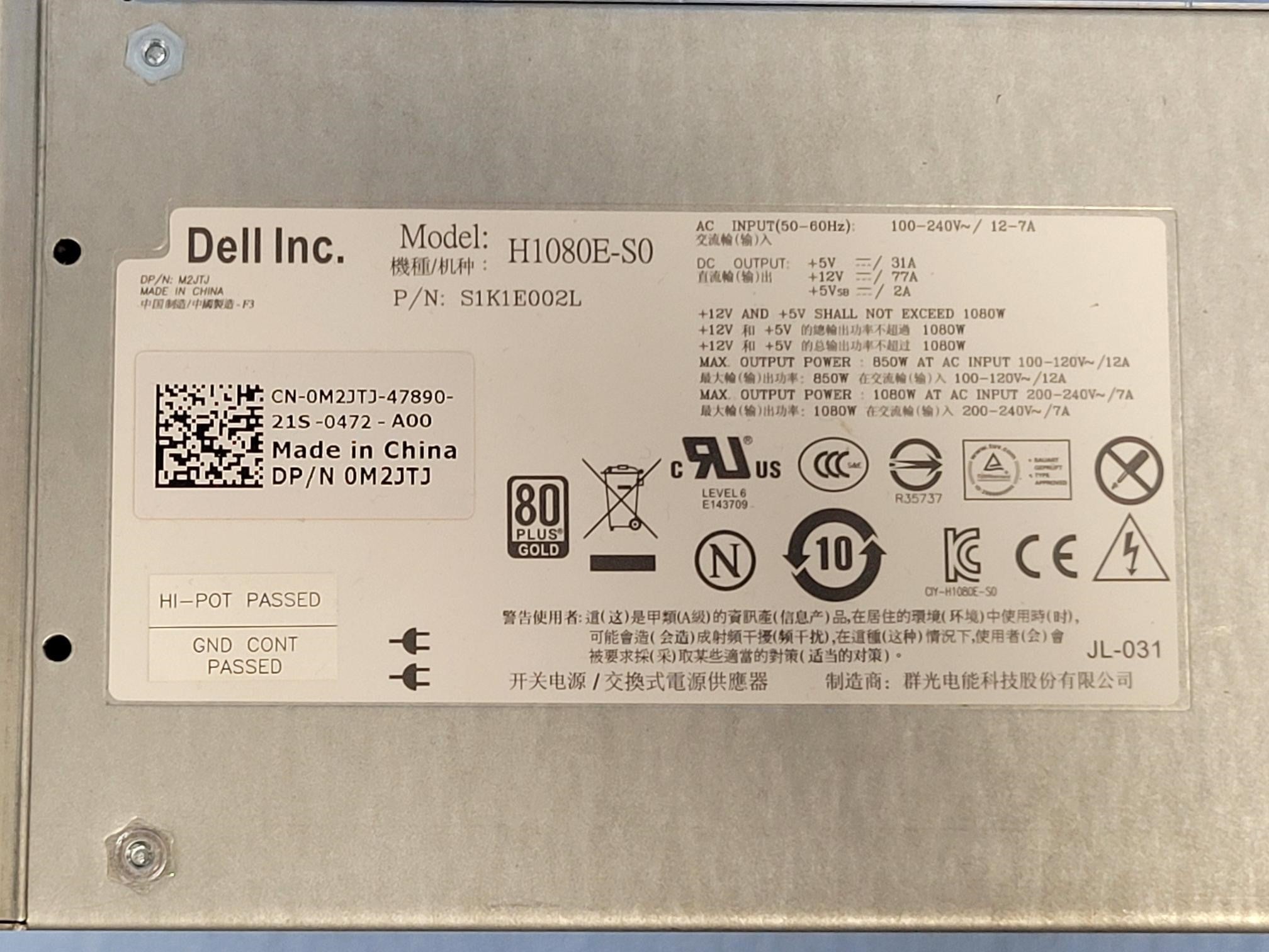 Equallogic PS6100 1080W Power Supply M2JTJ