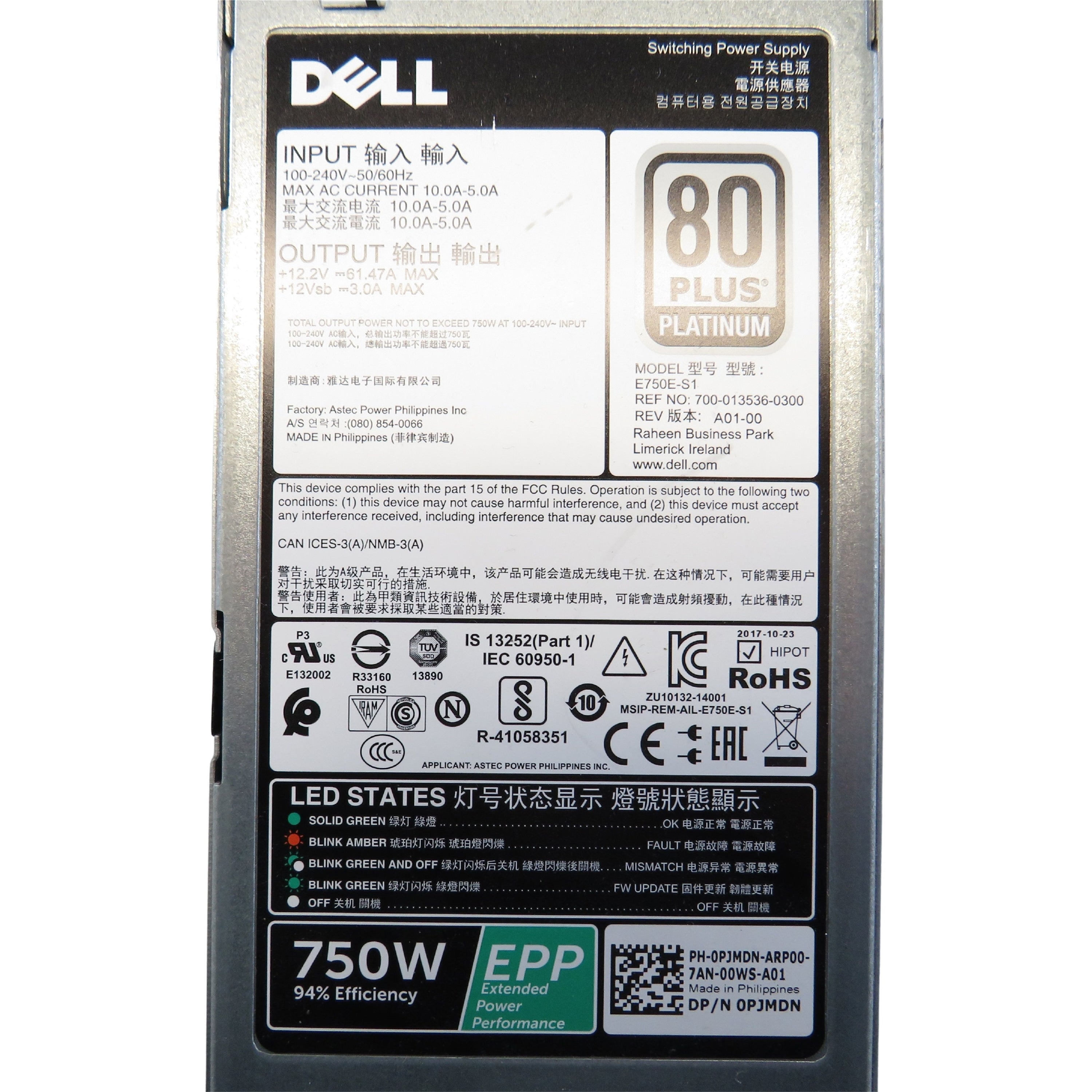 Dell PJMDN 750W PowerEdge T430 T630 R630 R730 Server Power Supply (Refurbished)